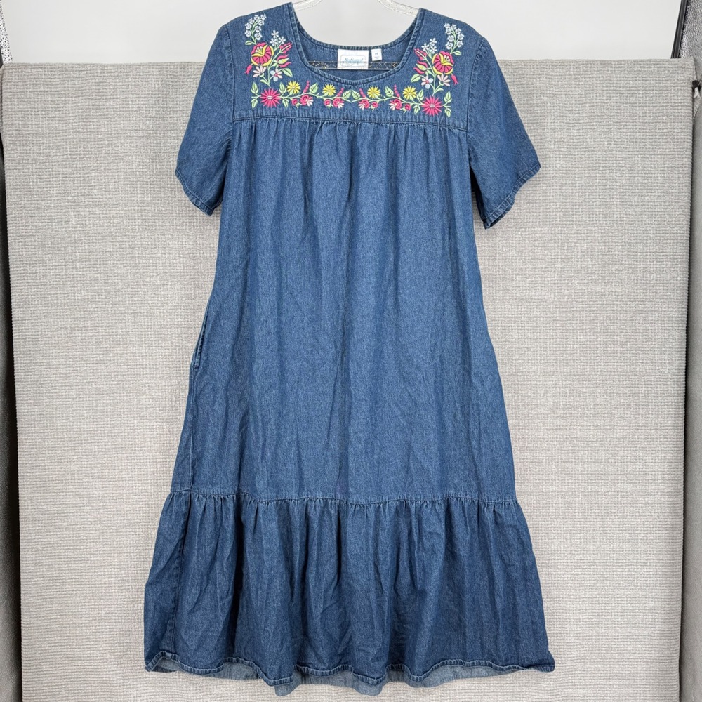 National Blue Denim Floral Embroidered Muumuu Dress‎ Tiered Midi Pockets Medium